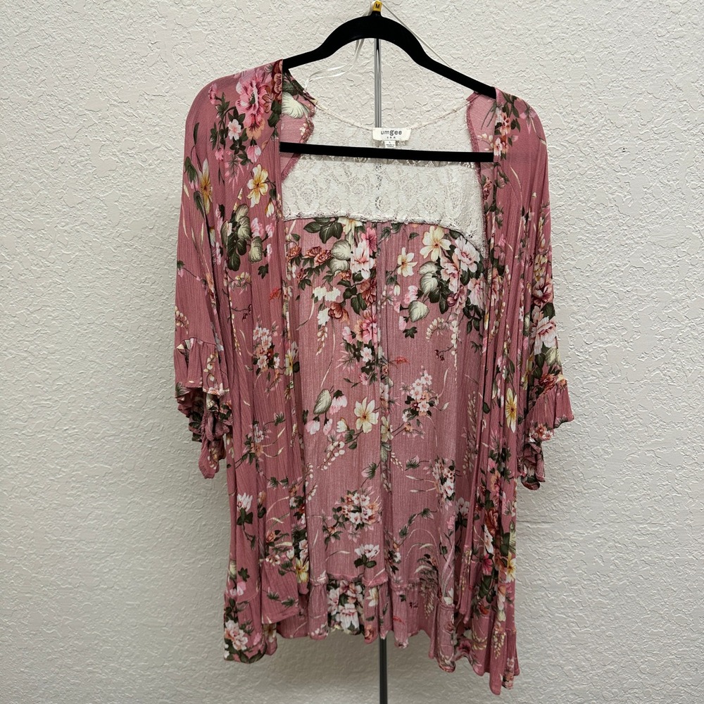 Umgee Floral Lace Back Kimono Cardigan Ruffle Bell Sleeve Pink Boho A6550 Large